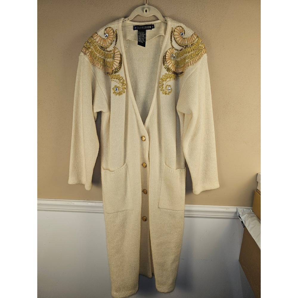 Vintage I.B. Diffusion Womens 1990 Gold Embellished Cardigan Sweater Coat XS